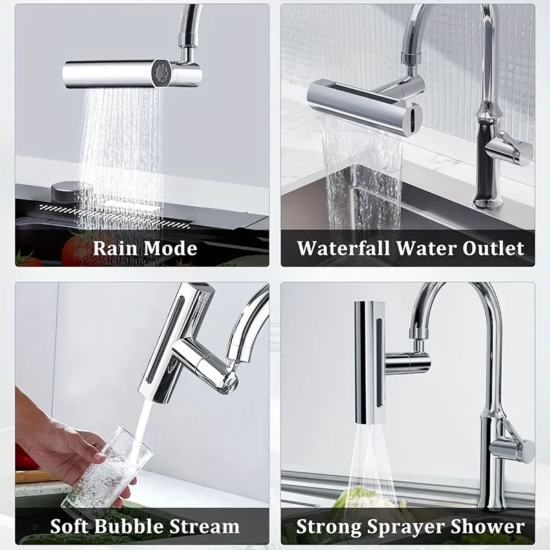 360 ° Rotatable Waterfall Kitchen Sink Faucet Extension Adapter, Bubbler, Anti Splash Filter, 4 Modes